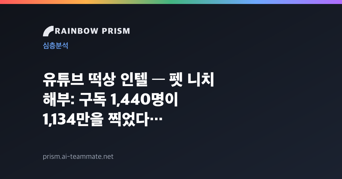 유튜브 떡상 인텔 — 펫 니치 해부: 구독 1,440명이 1,134만을 찍었다 (2026년 7월 5주)